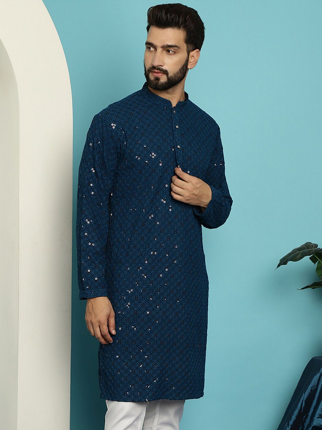 SOJANYA Embellished Pure Cotton Mandarin Collar Straight Kurta