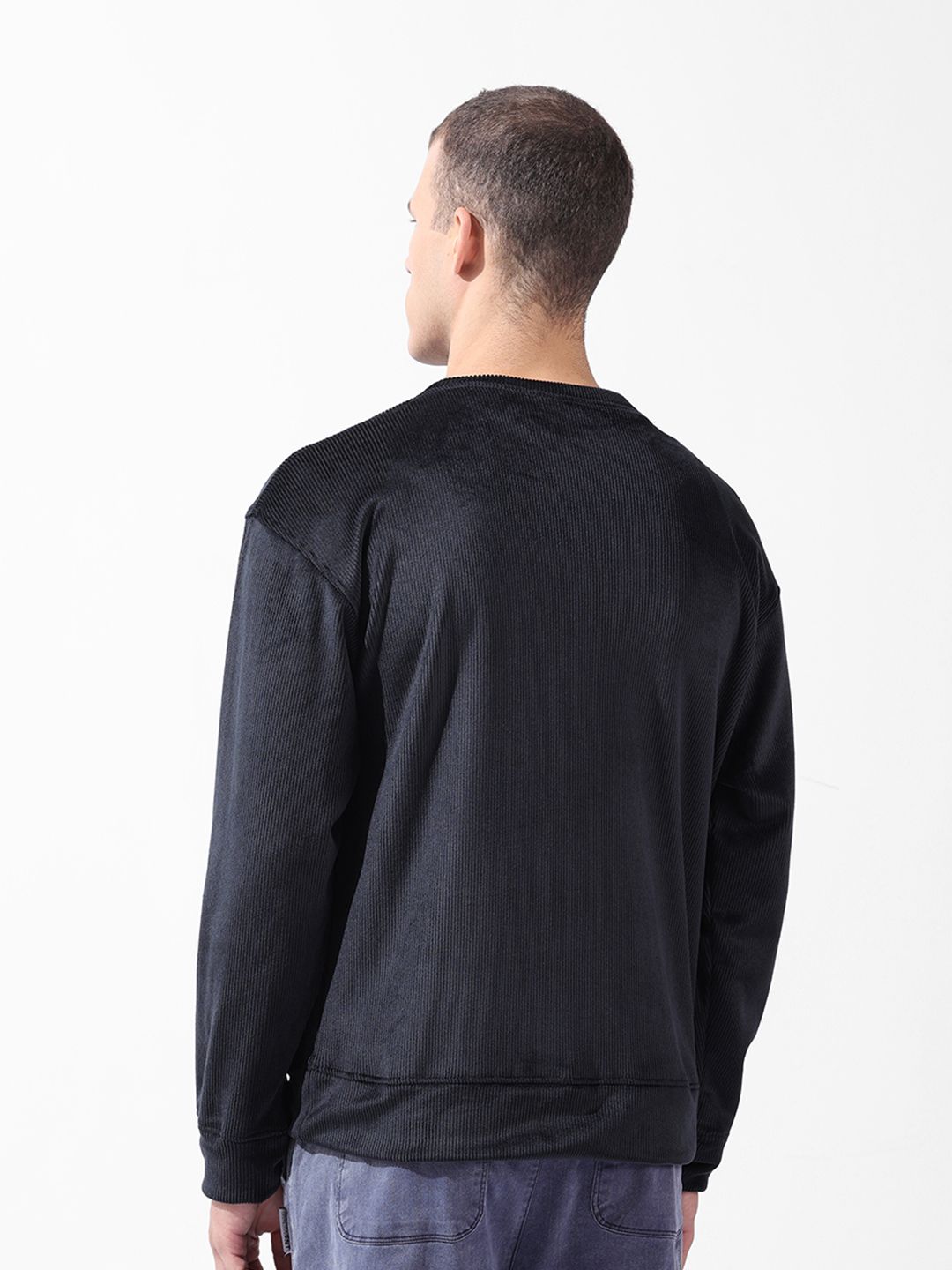 The Indian Garage Co Men Oversized Self Design Corduroy Crew Neck Sweatshirt