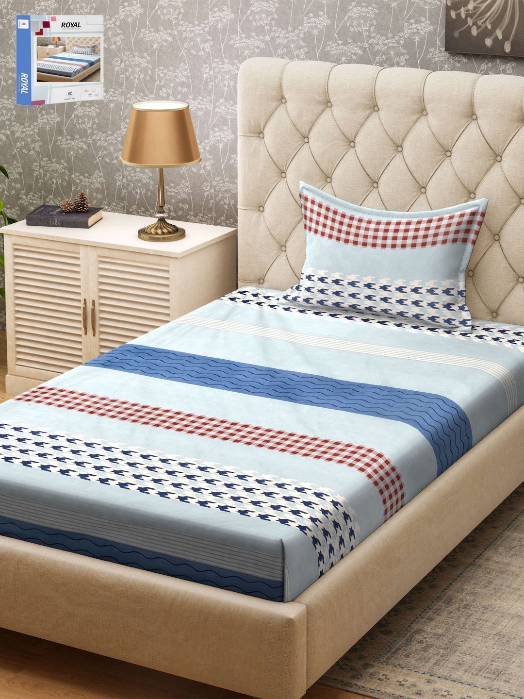 KLOTTHE Blue & Red Striped 300TC Single Bedsheet & Pillow Covers