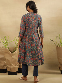 W V Neck Floral Printed Thread Work Cotton Kurta