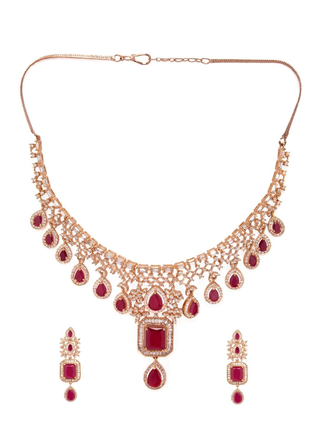 Rubans 24K Rose Gold Plated Pink Sapphire & CZ  Studded Handcrafted Premium Jewellery Set