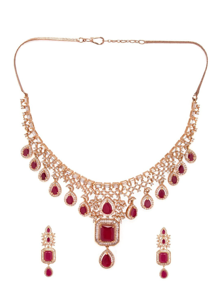 Rubans 24K Rose Gold Plated Pink Sapphire & CZ  Studded Handcrafted Premium Jewellery Set