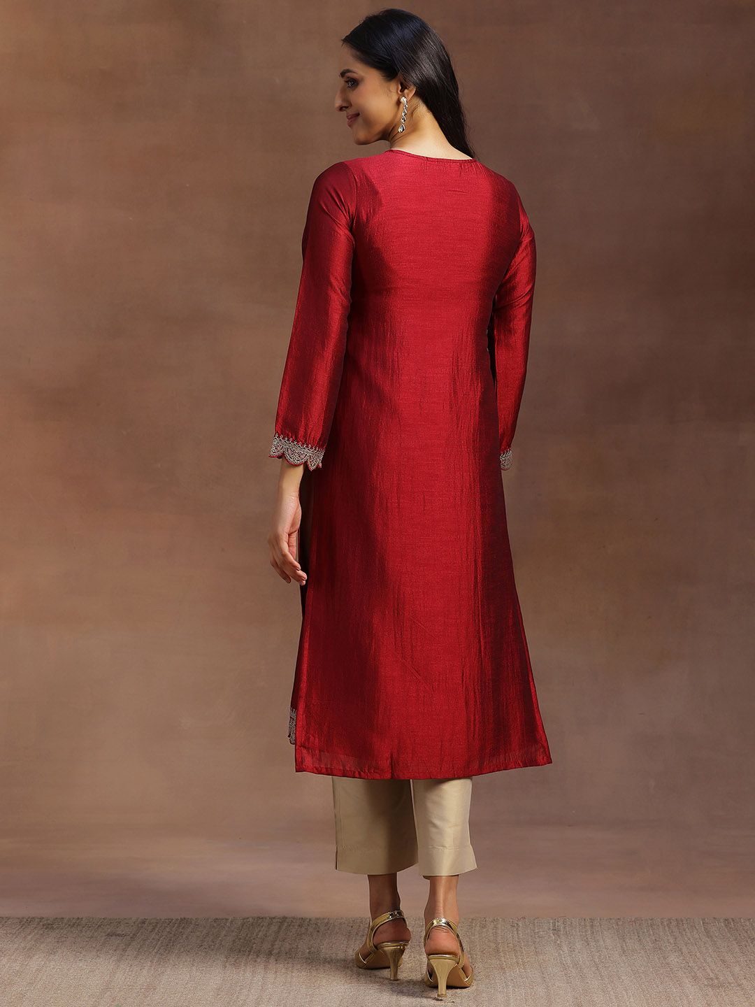 Libas Women Maroon Yoke Design Embellished Kurta