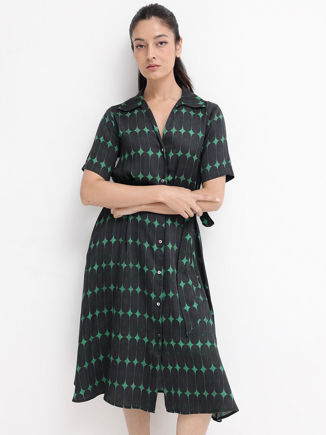 RAREISM Geometric Printed Cotton Shirt Dress