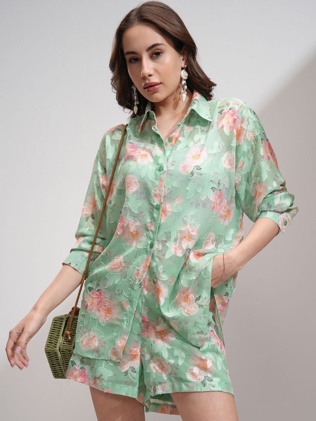 Tokyo Talkies Women Textured re Jacquard Shirt Shorts Co-Ord Set