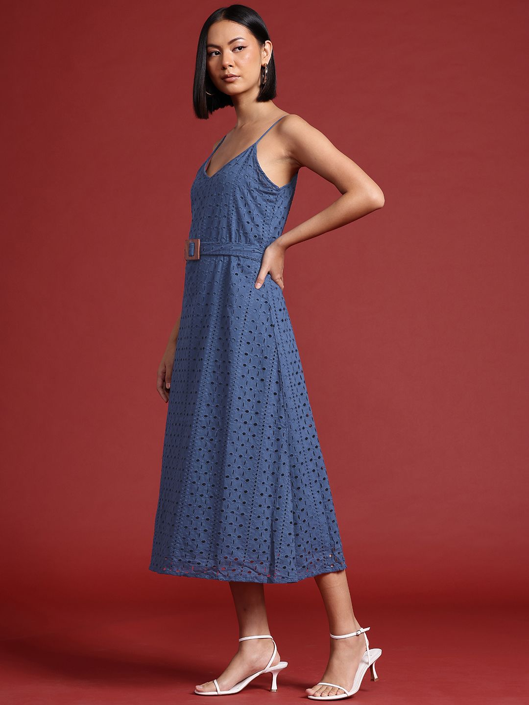 all about you Schiffli Cotton A-Line Midi Dress with Belt