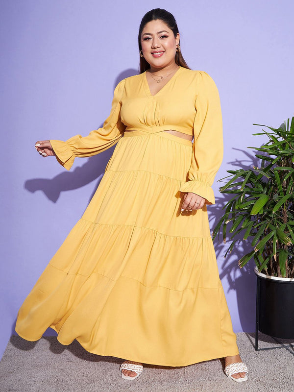 SASSAFRAS Curve Mustard Yellow Plus Size Cut-Out Detail Puff Sleeves Tiered Maxi Dress