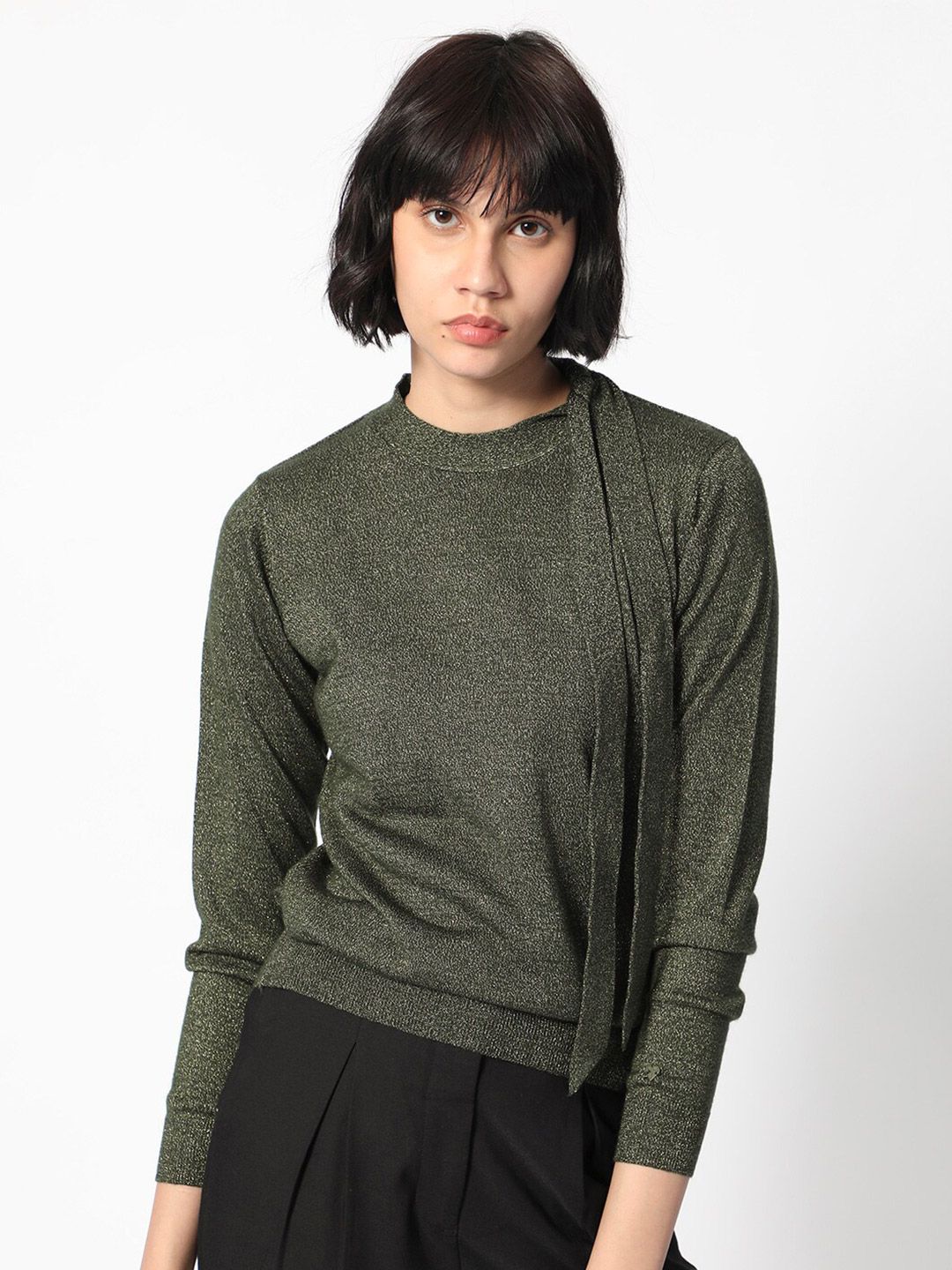 RAREISM Round Neck Acrylic Tie up Shimmer Sweater