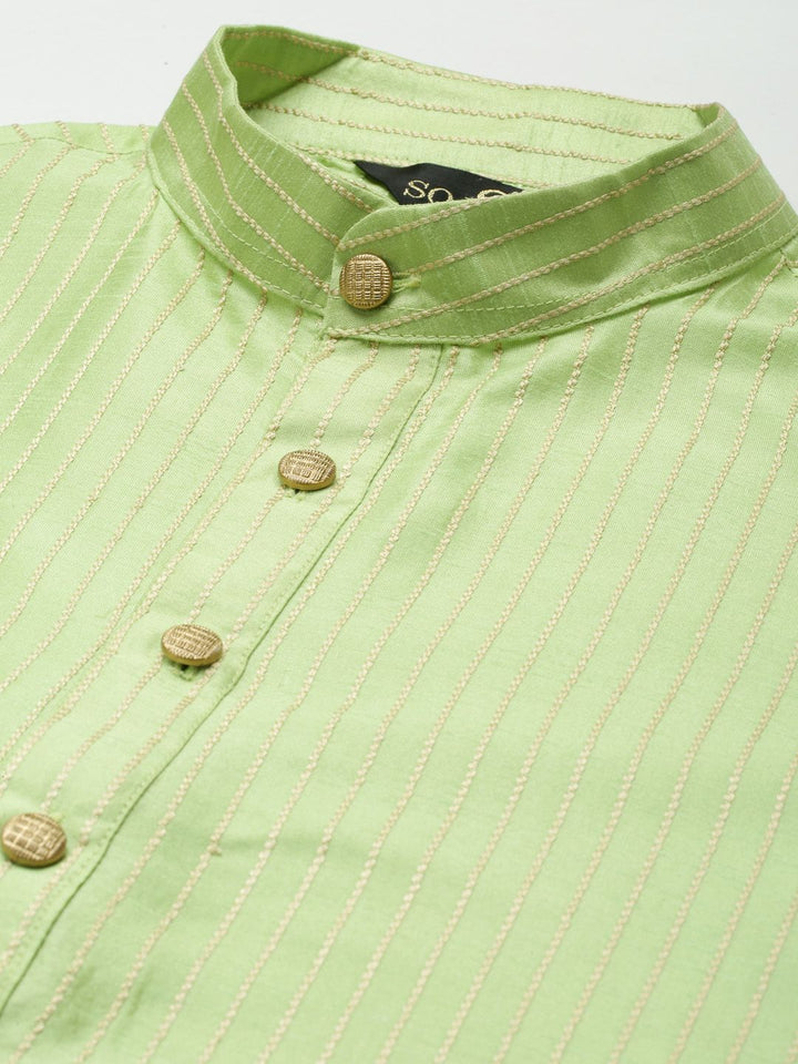 SOJANYA Men Green Striped Kurta with Churidar & Nehru Jacket