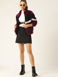 DressBerry Women Burgundy & Navy Blue Faux Fur Colourblocked Sherpa Jacket