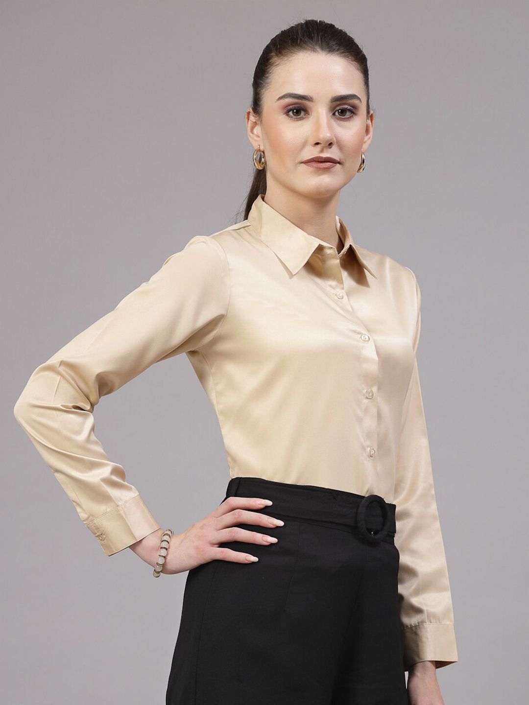 Style Quotient Champagne Smart Spread Collar Satin Formal Shirt