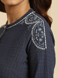 W Floral Embroidered Mandarin Collar Cotton Regular Kurta