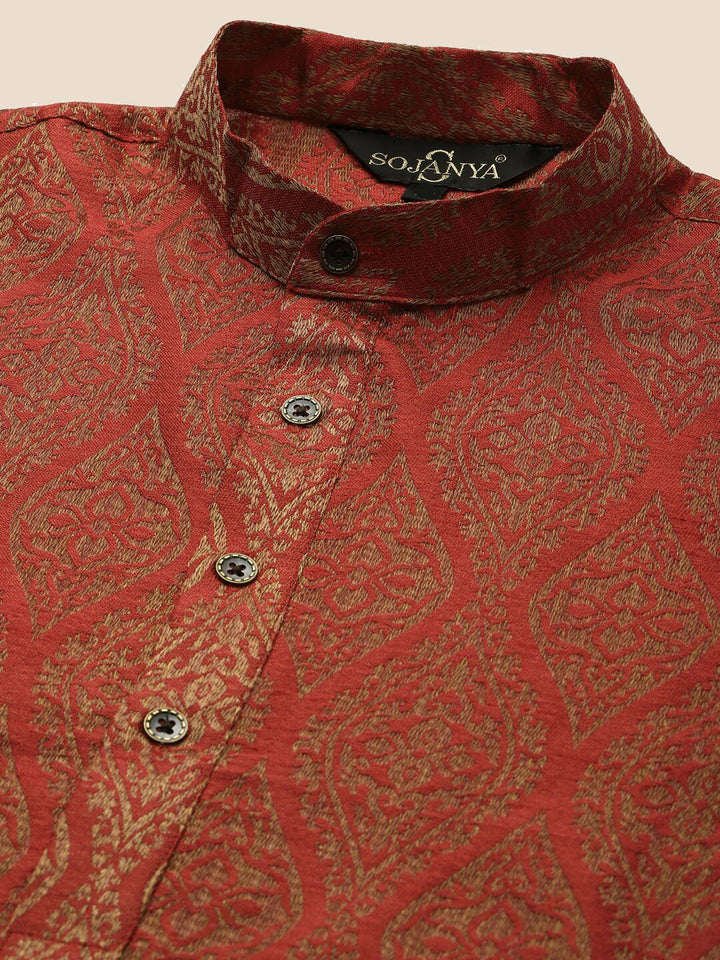 SOJANYA Ethnic Motifs Woven Design Mandarin Collar Regular Kurta With Churidar