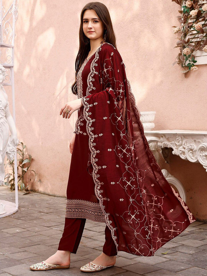 KALINI Floral Embroidered Sequinned Kurta With Trousers & Dupatta