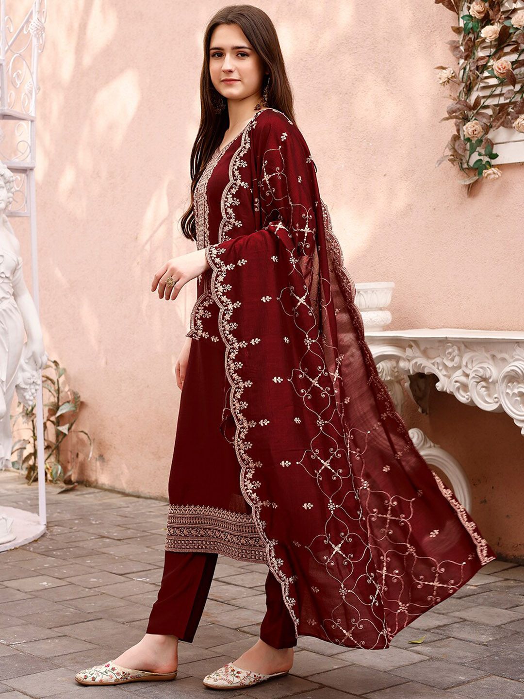 KALINI Floral Embroidered Sequinned Kurta With Trousers & Dupatta
