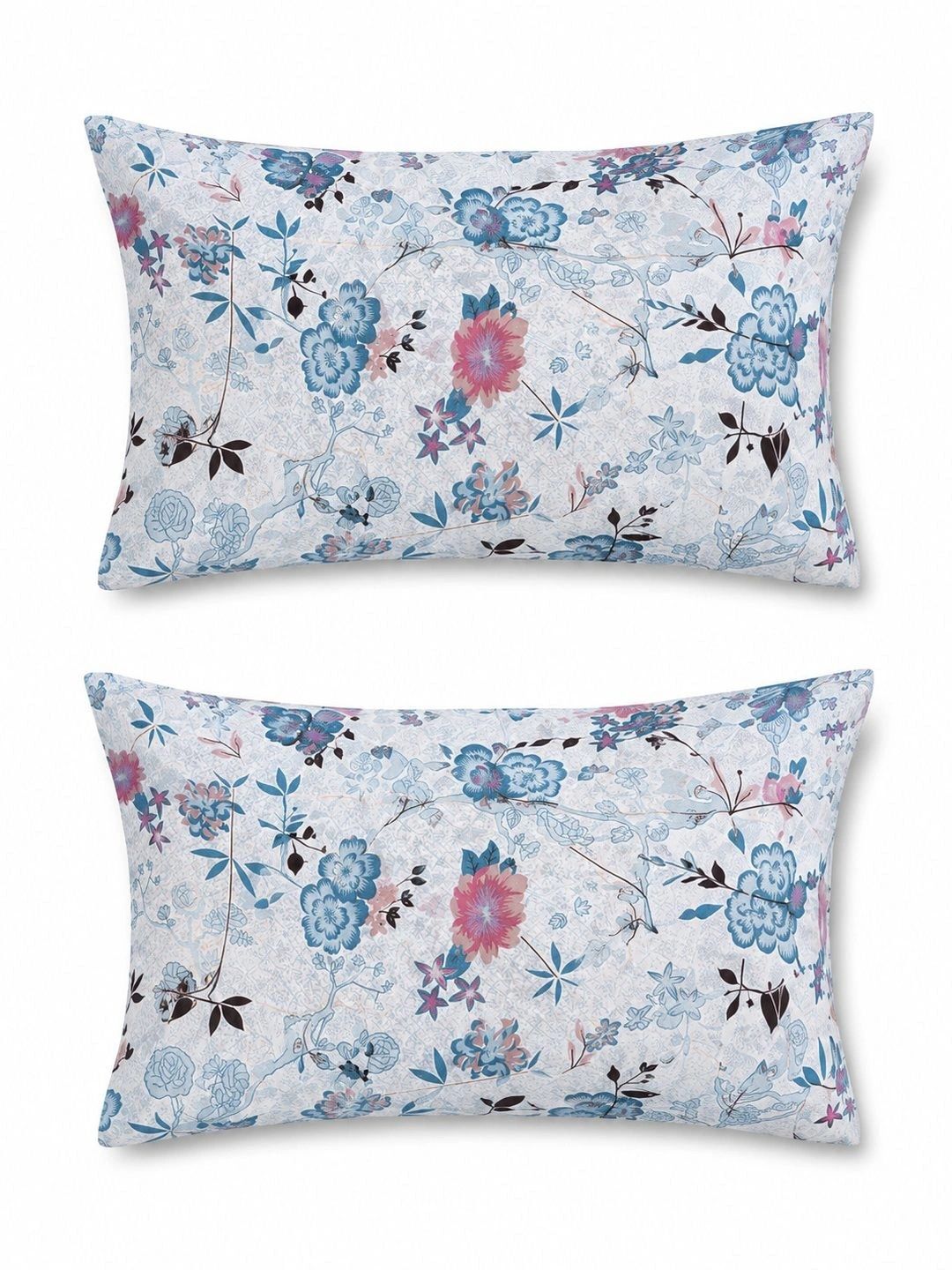 KLOTTHE Blue Floral 300 TC King Bedsheet with 2 Pillow Covers