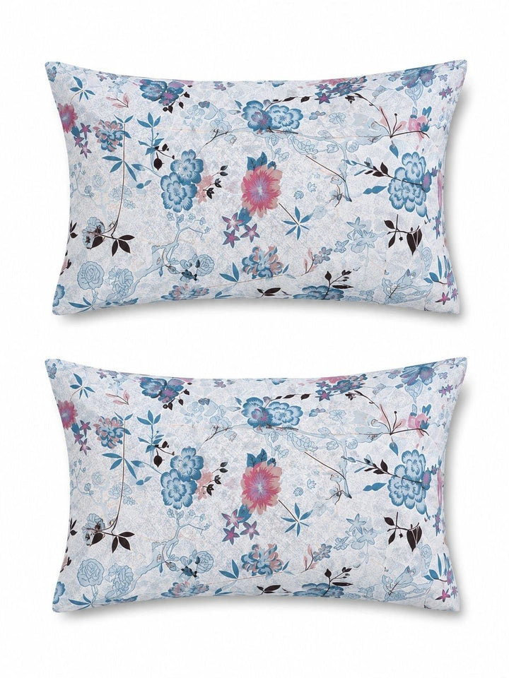 KLOTTHE Blue Floral 300 TC King Bedsheet with 2 Pillow Covers