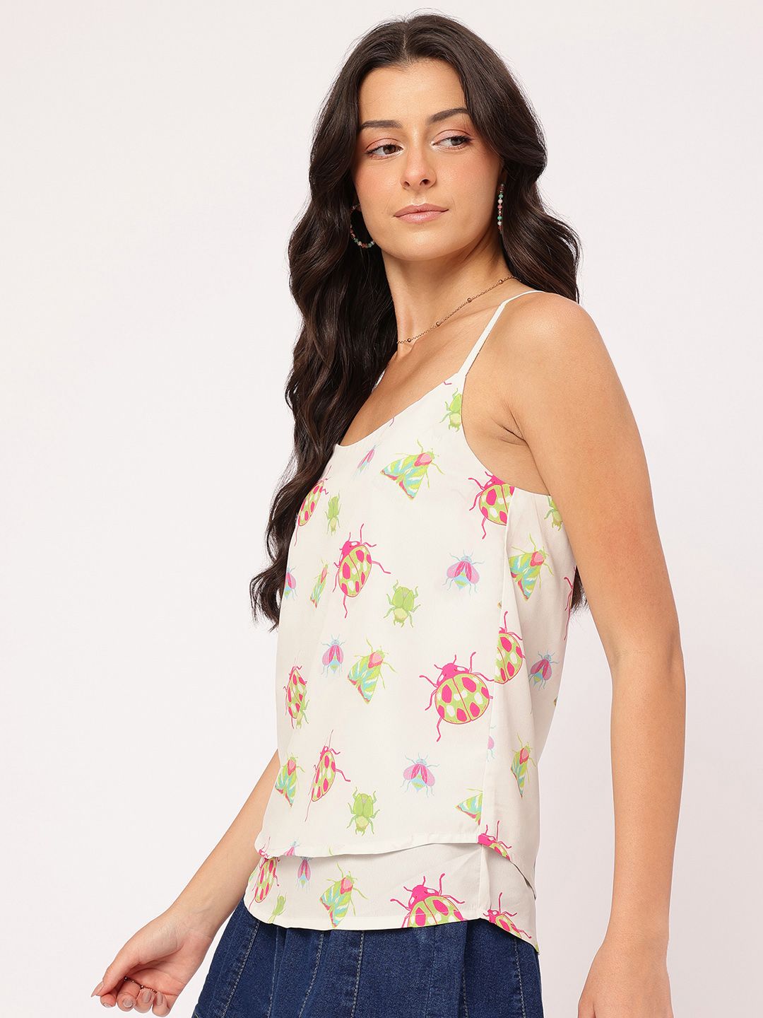 DressBerry Entomo-Style Shoulder Straps Bug-Printed Layered Top