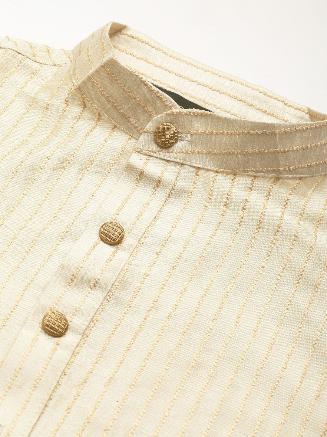 SOJANYA Men Beige Striped Kurta with Pyjamas & Nehru Jacket