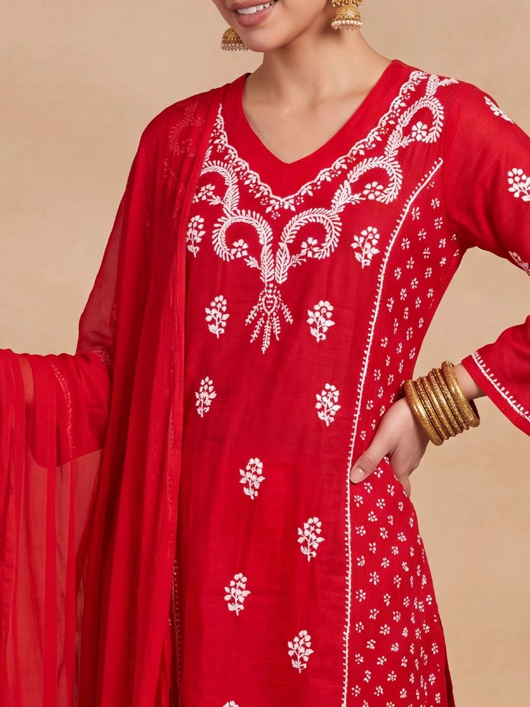 House of Chikankari Women Ethnic Motifs Embroidered Regular Chikankari Chanderi Silk Kurta with Trousers &