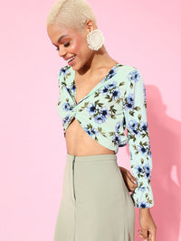 Berrylush Women Enchanting Sea Green Floral Bell Sleeves Top
