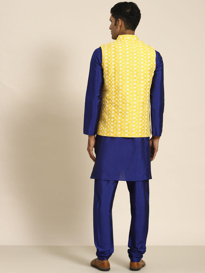 SOJANYA Lelaki Navy Blue Motif Etnik Sulam Kurta Churidar