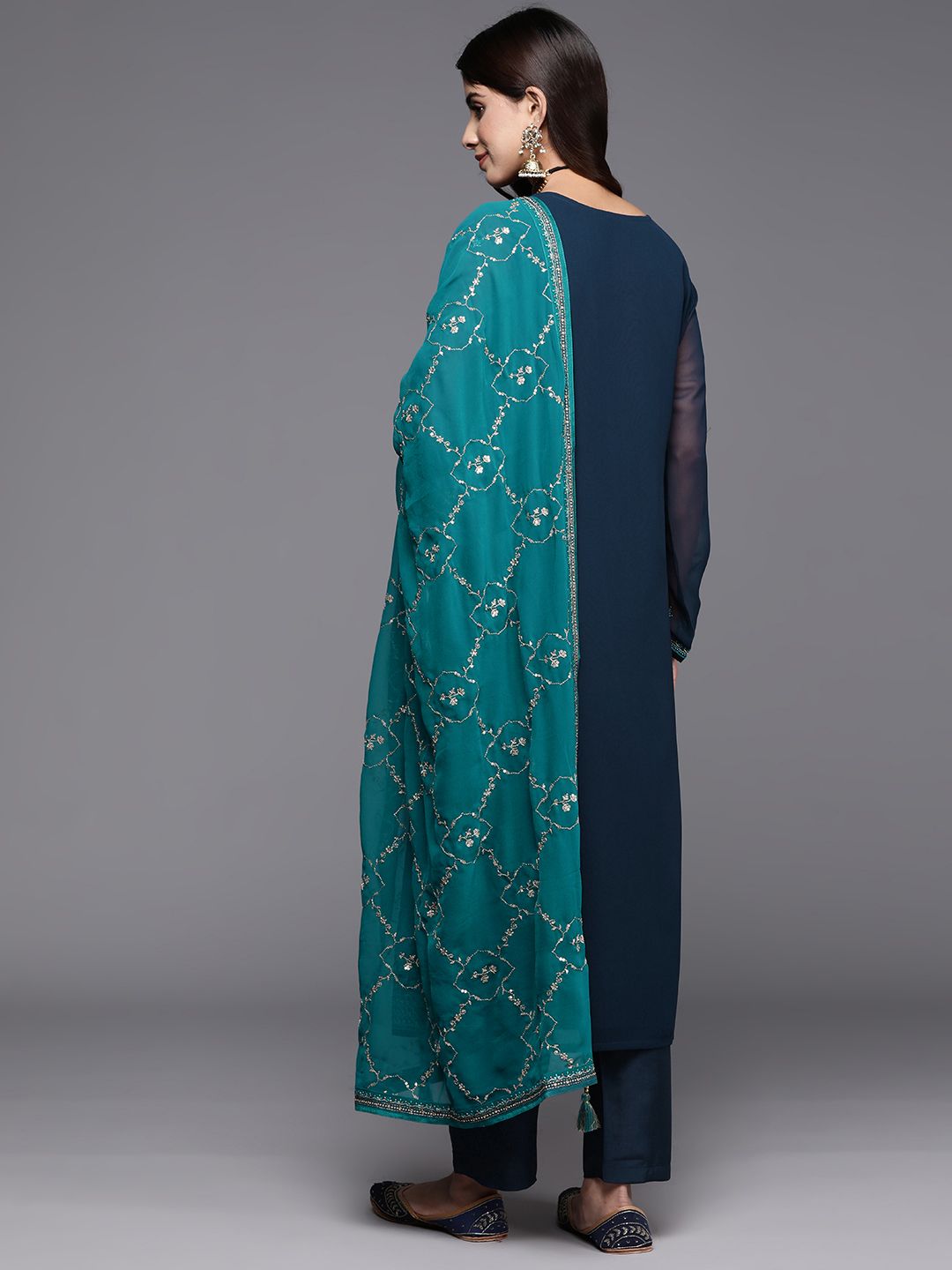 Libas Floral Embroidered Regular Mirror Work Kurta with Trousers & Dupatta