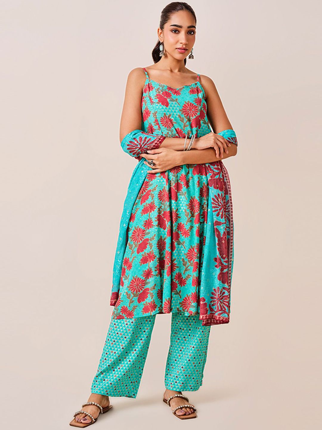 Global Desi Floral Printed Shoulder Straps A-Line Kurta With Trousers & Dupatta