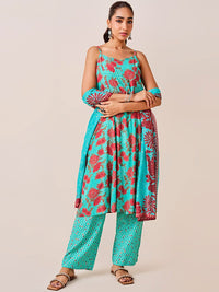 Global Desi Floral Printed Shoulder Straps A-Line Kurta With Trousers & Dupatta