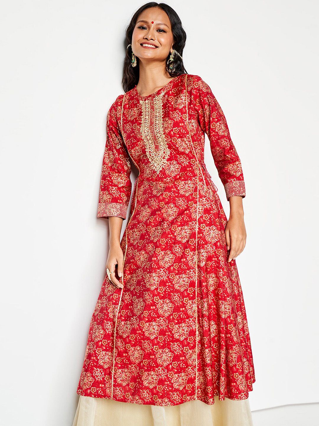 Global Desi Floral Printed Thread Work Anarkali Kurta