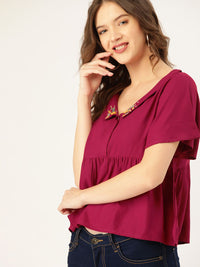 Dressberry magenta & beige pepejal ecovero sulaman terperinci A-line atas