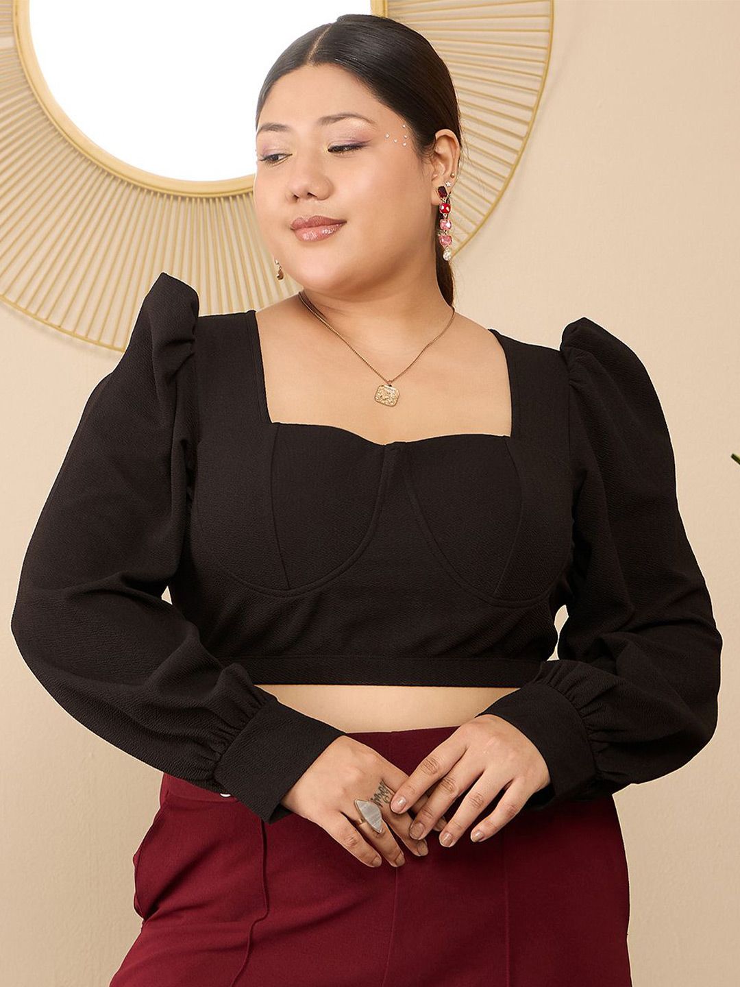 Berrylush Curve Sweetheart Neck Bishop Sleeves Plus Size Crop Top