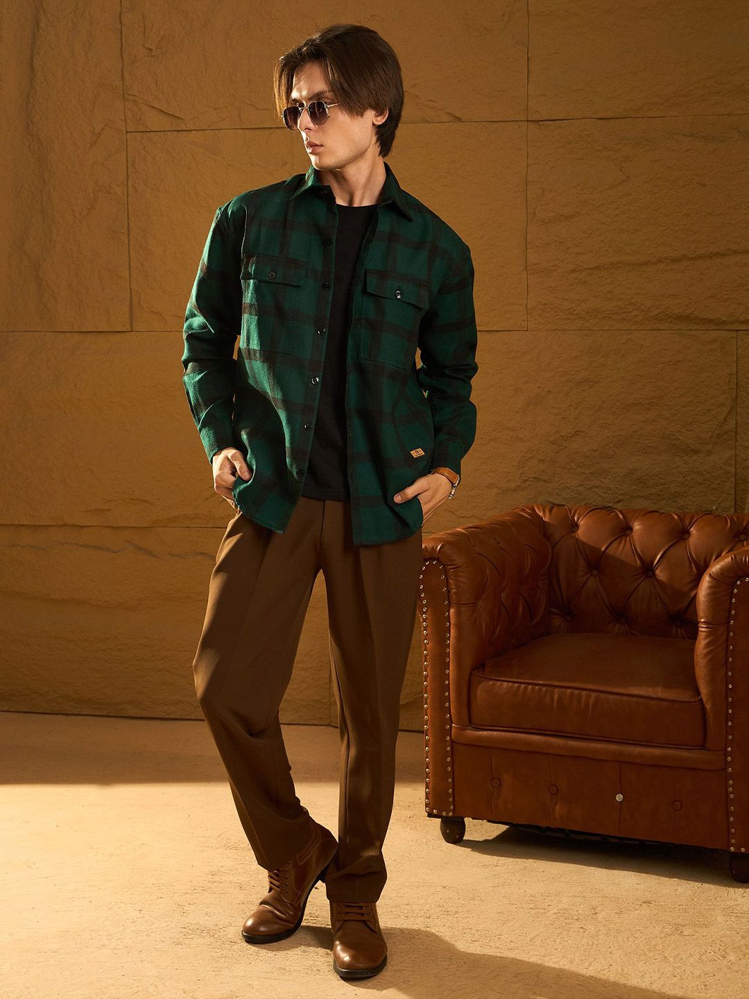 DENNISON Men Double Pocket Drop Shoulder Oversized Cotton Checked Shacket