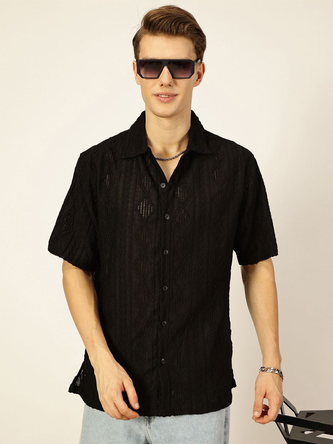 Thomas Scott Men Premium Spread Collar Textured Oversized Casual Shirt