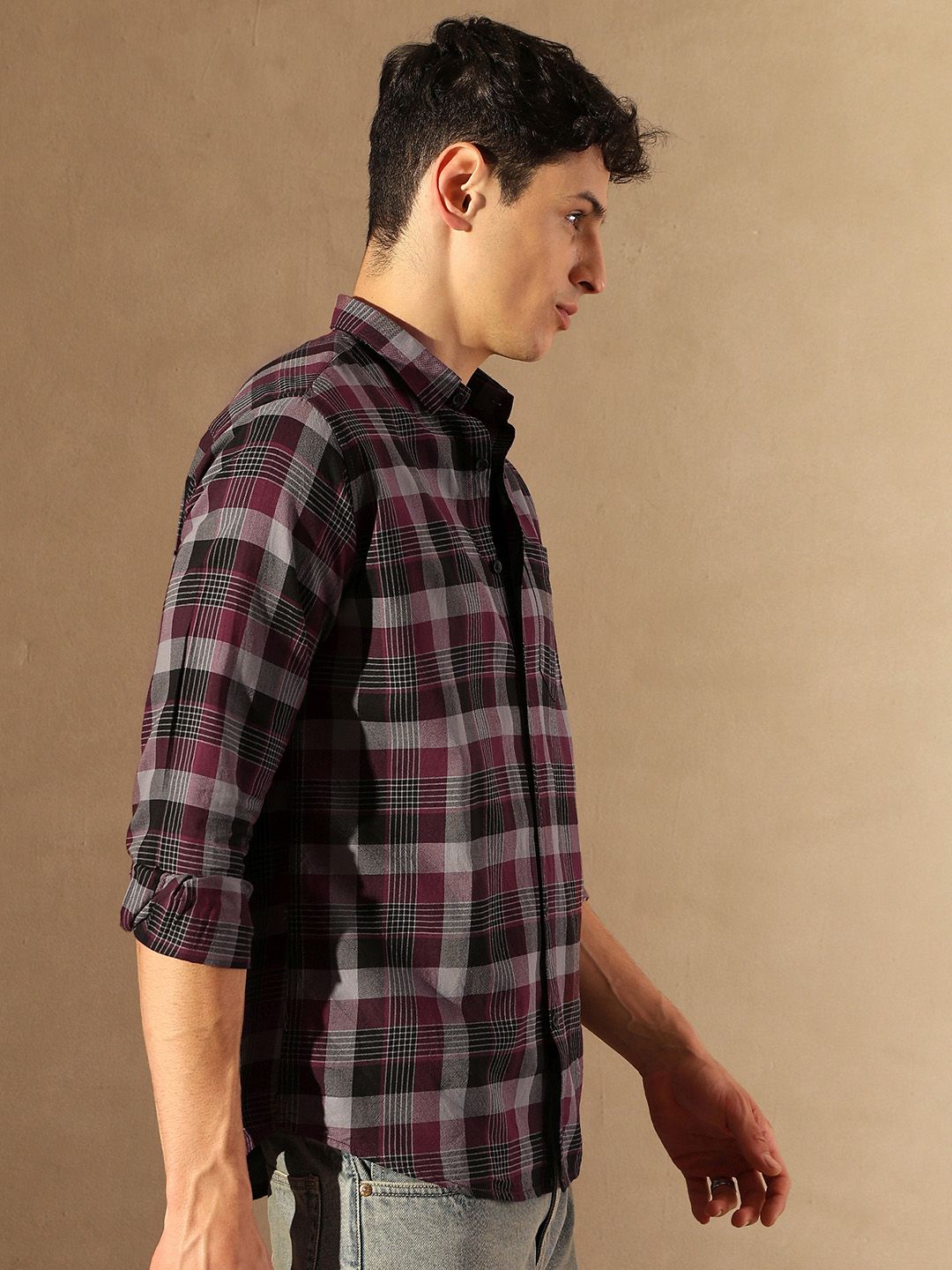 DENNISON Smart Tartan Checked Spread Collar Casual Shirt