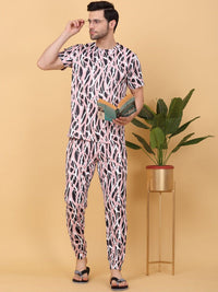 Sweet Dreams Pink & White Abstract Printed Round Neck Night suit