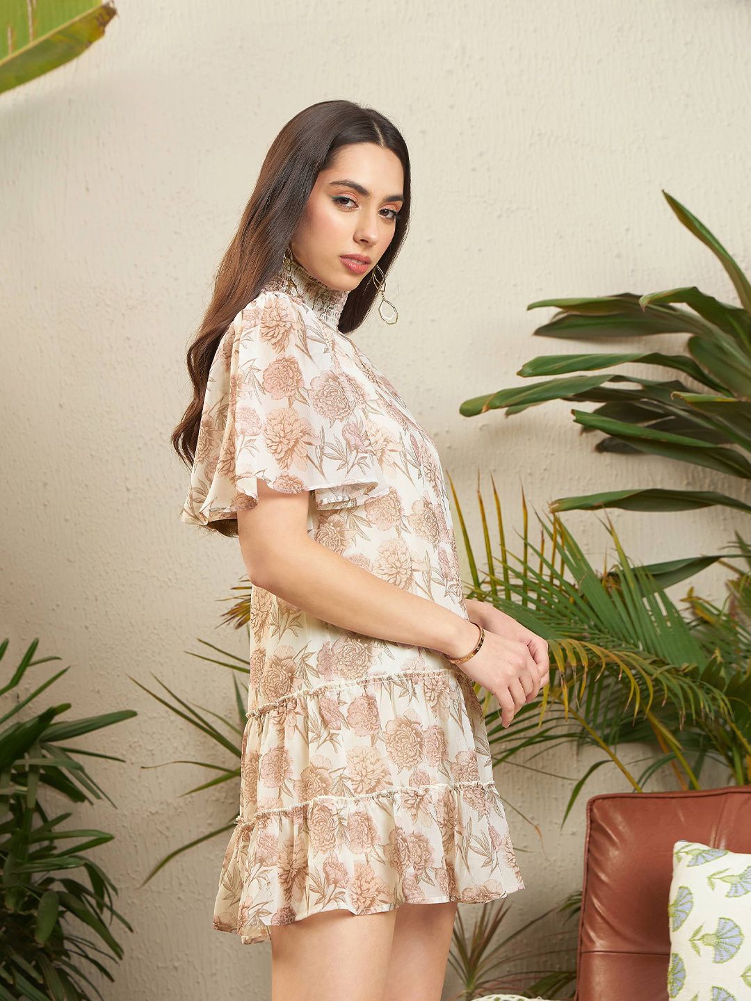 SASSAFRAS Cream-Coloured Floral Printed High Neck Cut-Outs Georgette A-Line Dress