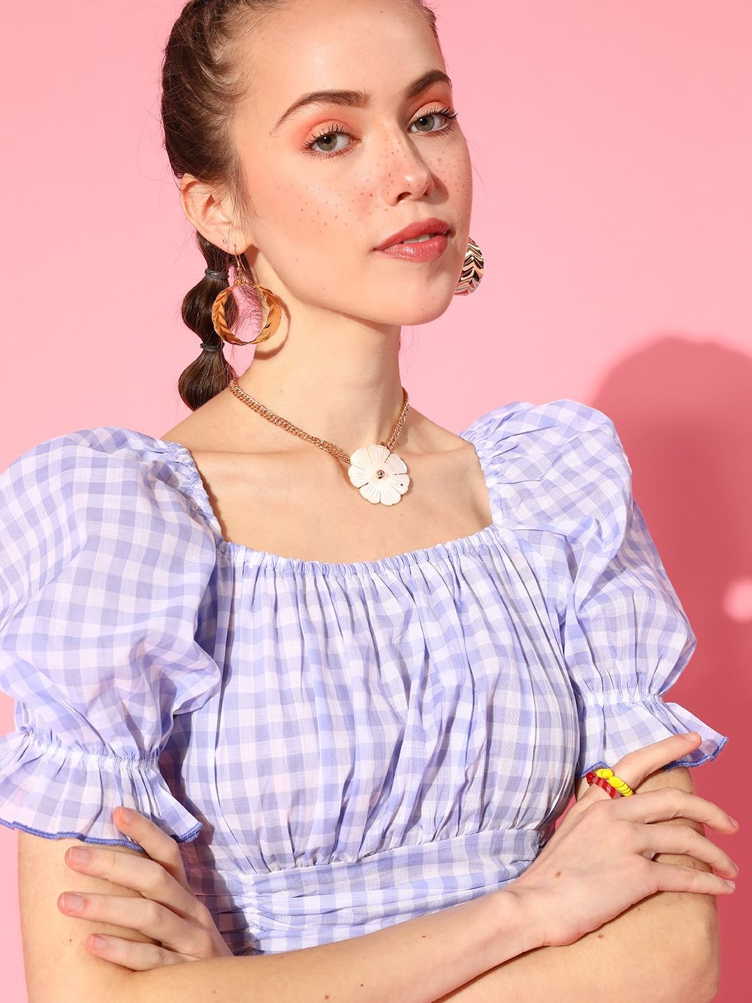 Antheaa Women Elegant Lavender Checked Summer Gingham Top