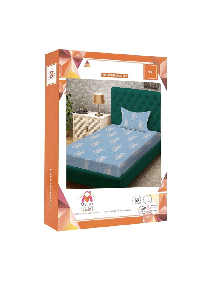 Myntra Elegant Homes Blue & White Geometric 300 TC Single Bedsheet with 1 Pillow Covers