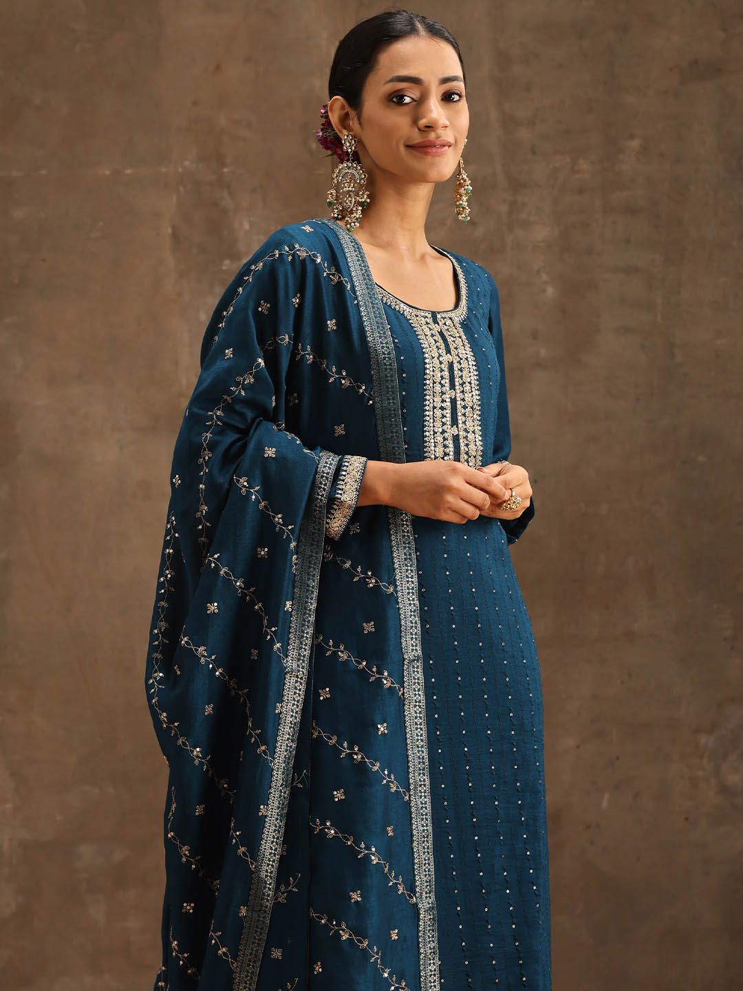 Libas Teal & Gold-Toned Ethnic Motifs Embroidered Sequined Kurta with Trousers & Dupatta
