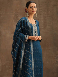 Libas Teal & Gold-Toned Ethnic Motifs Embroidered Sequined Kurta with Trousers & Dupatta