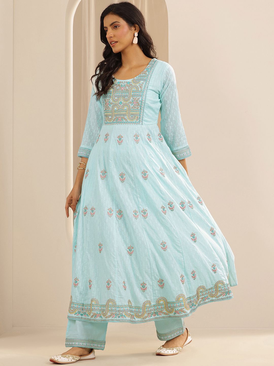 Libas Floral Embroidered Anarkali Thread Work Pure Cotton Kurta with Trousers & Dupatta