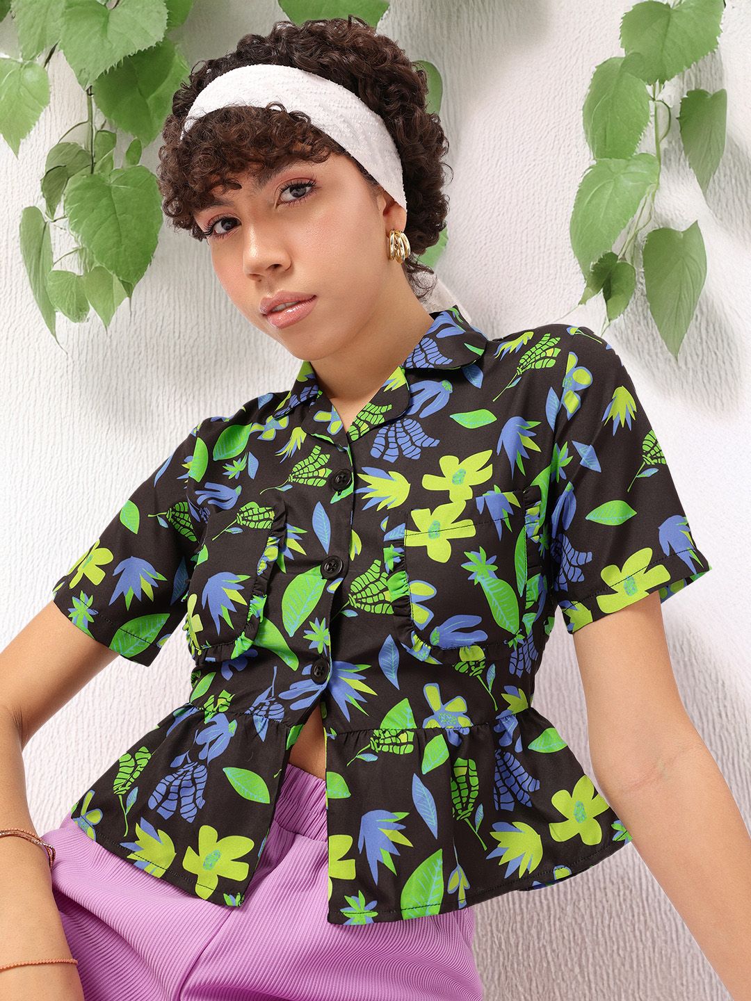 DressBerry Frolic & Fashion Tropical Printed Flounce Hem Shirt-Style Top