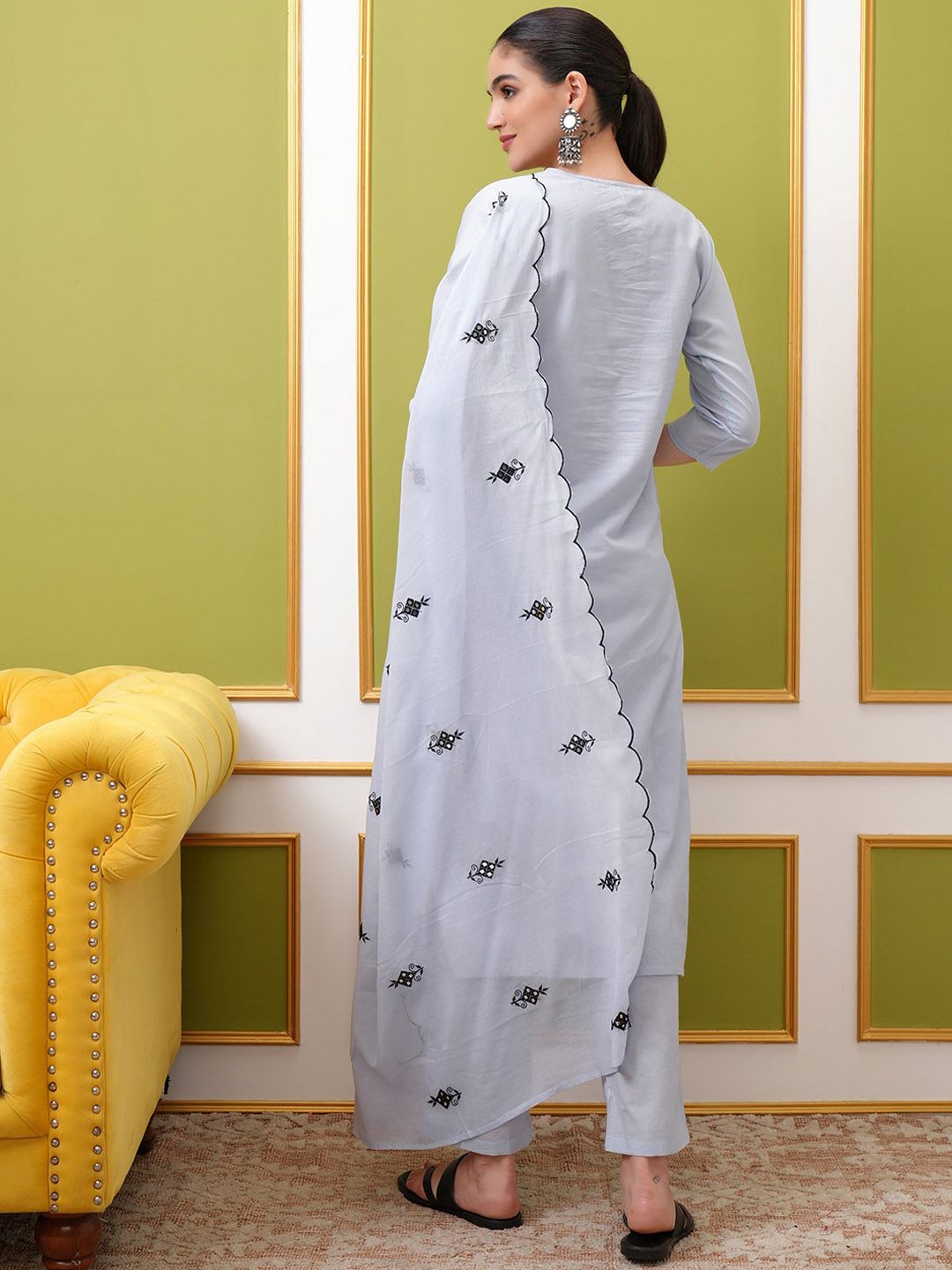 Vishudh Blue Ethnic Motifs Embroidered Pure Cotton Straight Kurta With Trousers & Dupatta