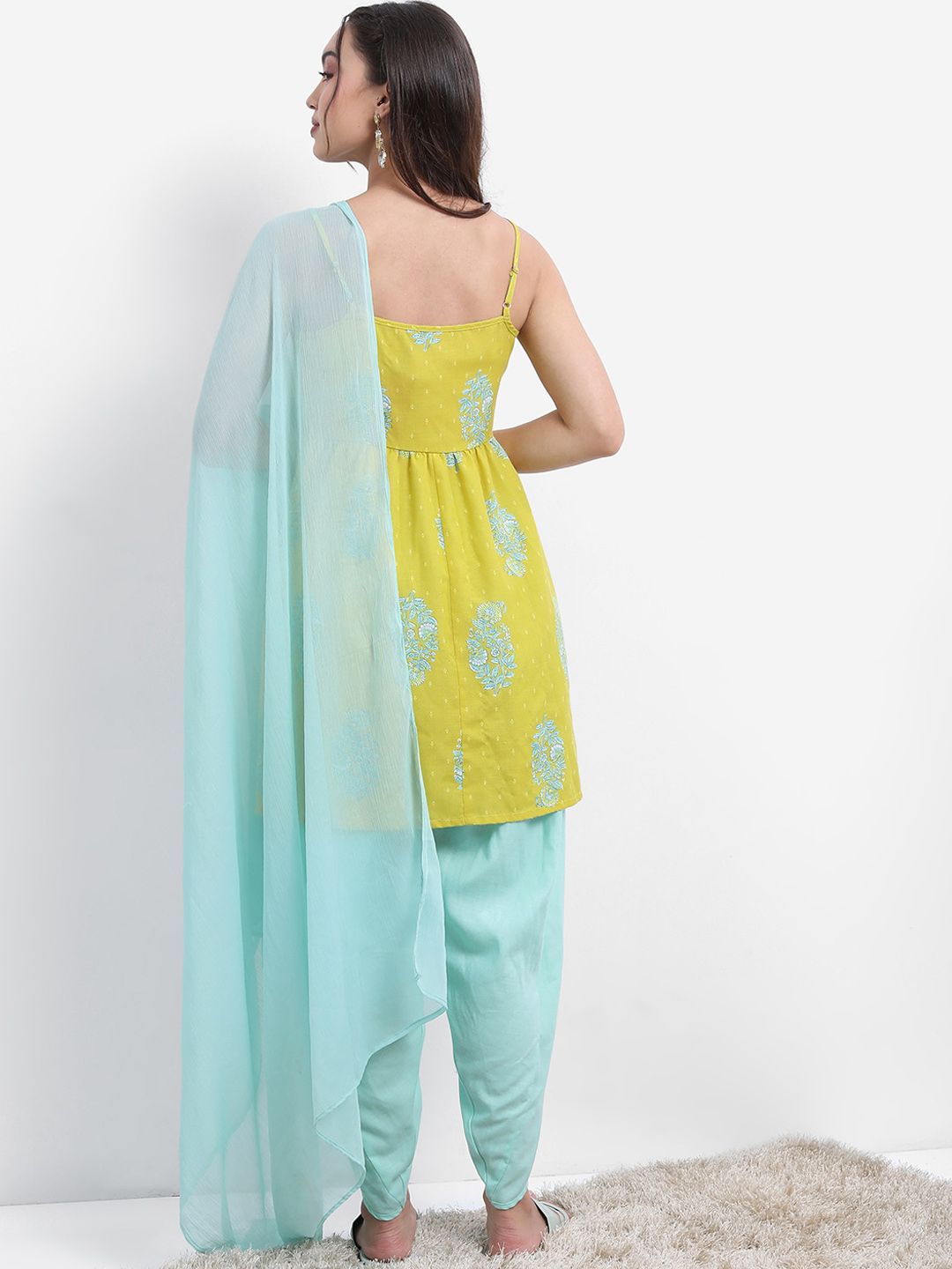 Vishudh Lime Green Floral Printed Empire A-line Kurta With Dhoti Pants & Dupatta