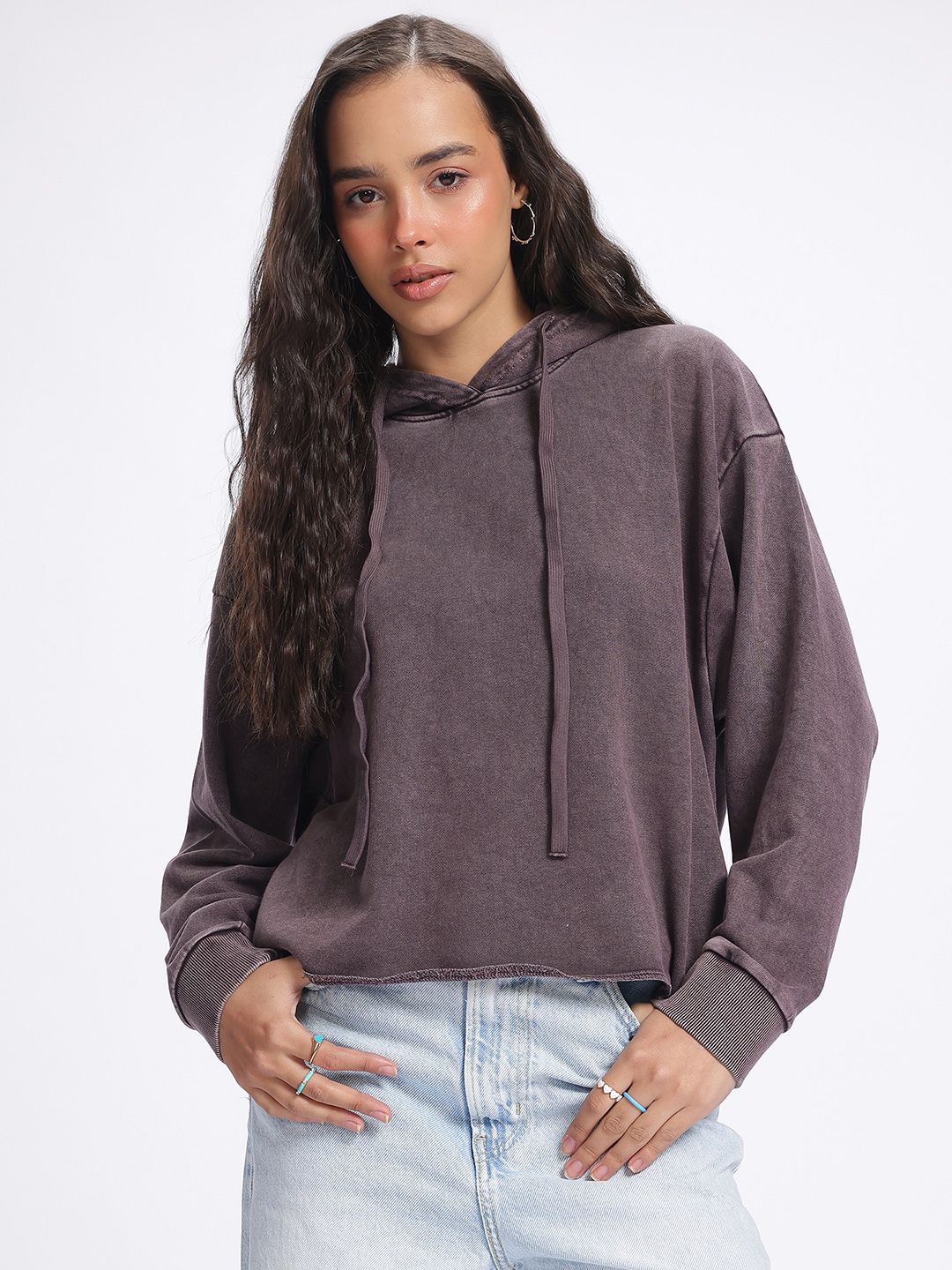 DressBerry Raw Hem Drop-Shoulder Hooded Sweatshirt