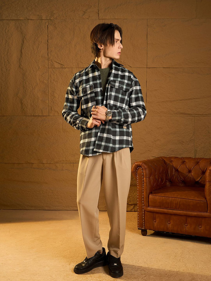 DENNISON Men Double Pocket Drop Shoulder Oversized Cotton Checked Shacket