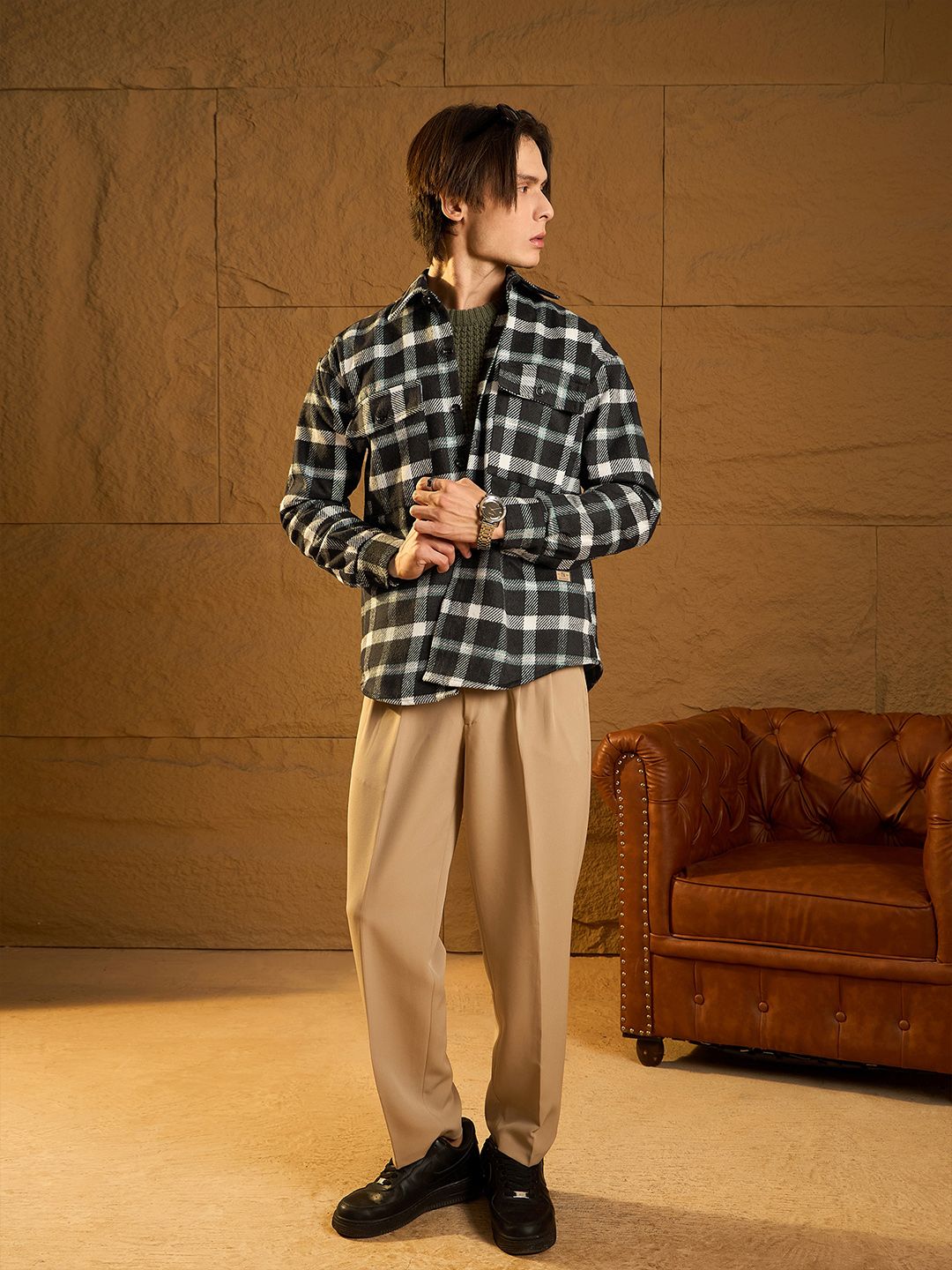 DENNISON Men Double Pocket Drop Shoulder Oversized Cotton Checked Shacket