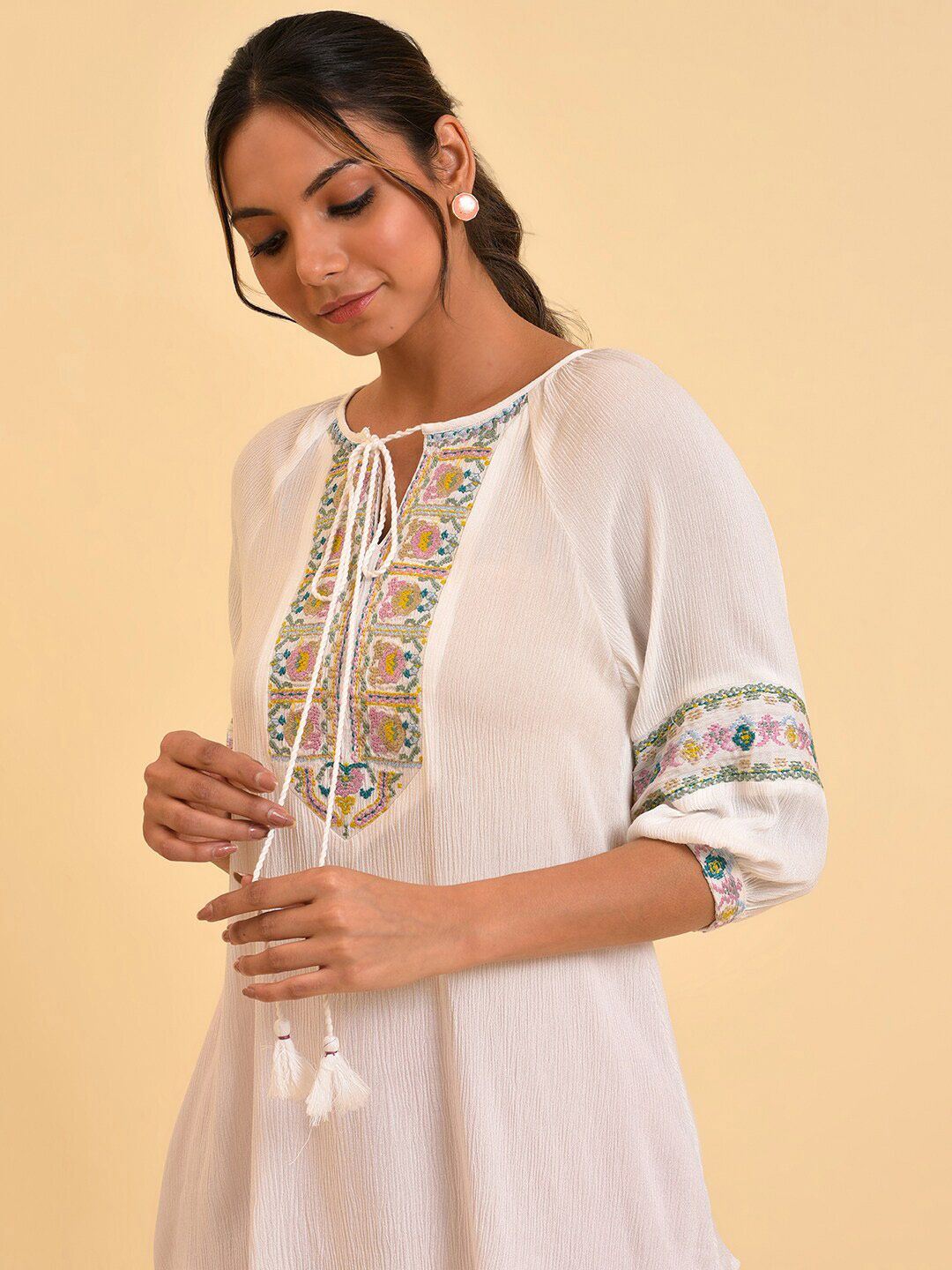 W White Tie-Up Neck Embroidered Raglan Sleeve Top