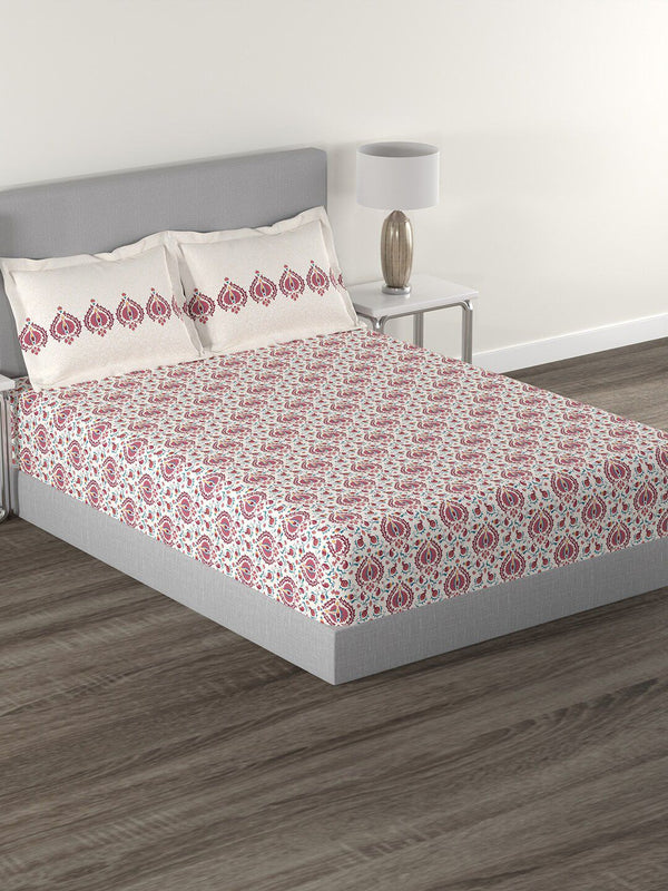 MYTRIDENT White  Red Ethnic Motifs 144 TC Cotton Queen Bedsheet With 2 Pillow Covers